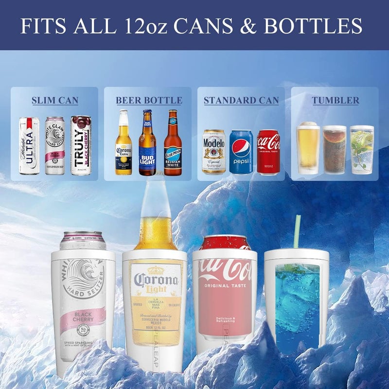 PEALEAP 4 in 1 Insulated Slim Can Cooler for 12 OZ Cans and Beer Bottle - Keep 8 Hours Cold, Easy to Hold - Stainless Steel Can Holder, Double Walled Can Insulator for Hard Seltzer and More (Snow White) - Image 2